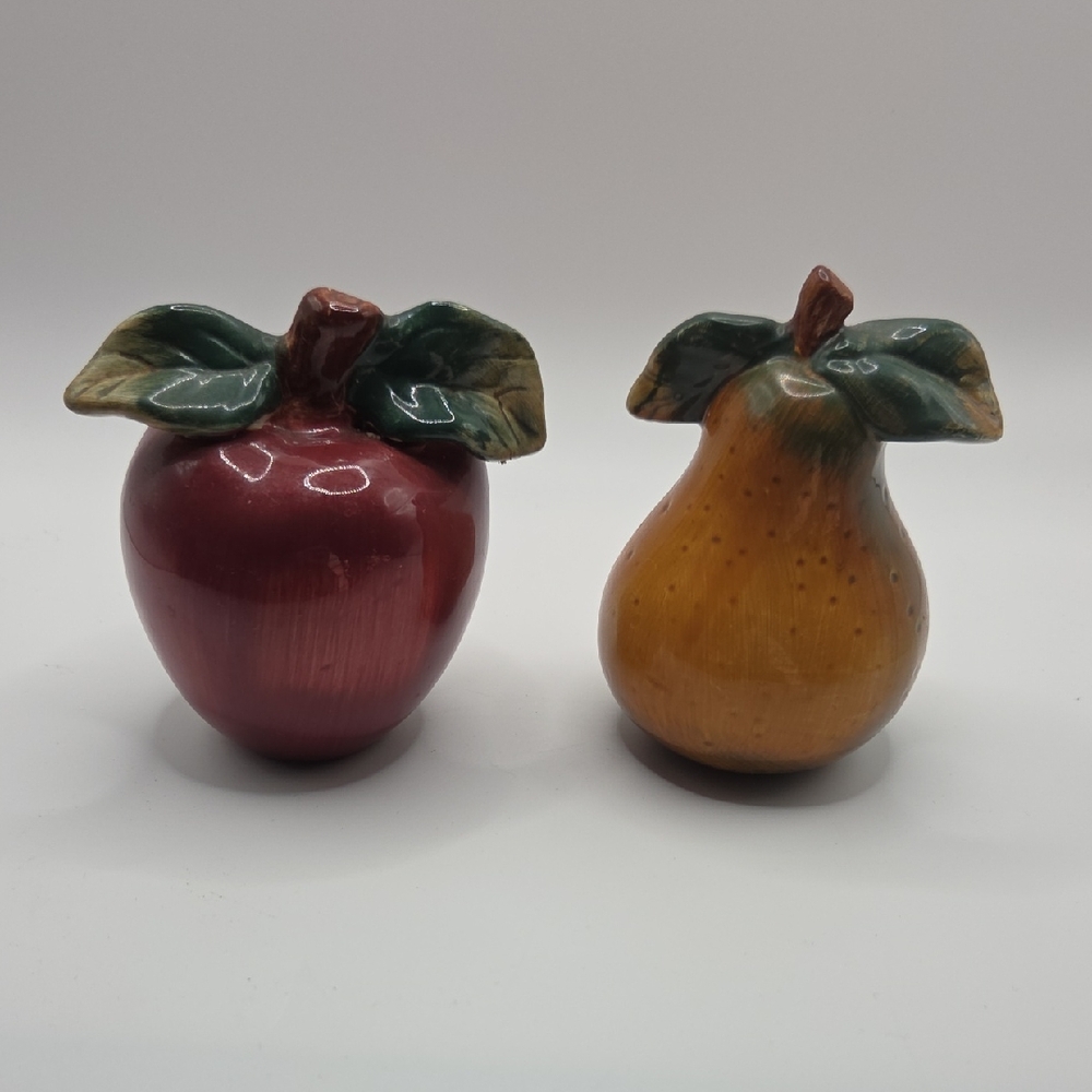 Salt And Pepper Shaker Sakura Red Apple and Brown Pear Ceramic Set